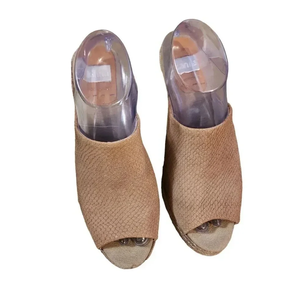 Kanna Sandal Women's Size 10.5 Tan Open Toe Mules Espadrille Platform Wedge Heel